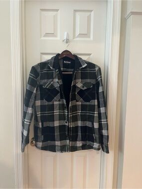 Barbour Black and Gray Fleece-Lined Plaid Shirt Jacket